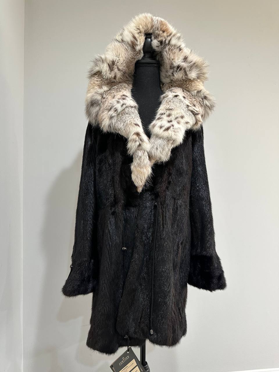 NEW Natural Real Dark Brown Black Mink M size Coat Natural Lynx Hooded 1201140