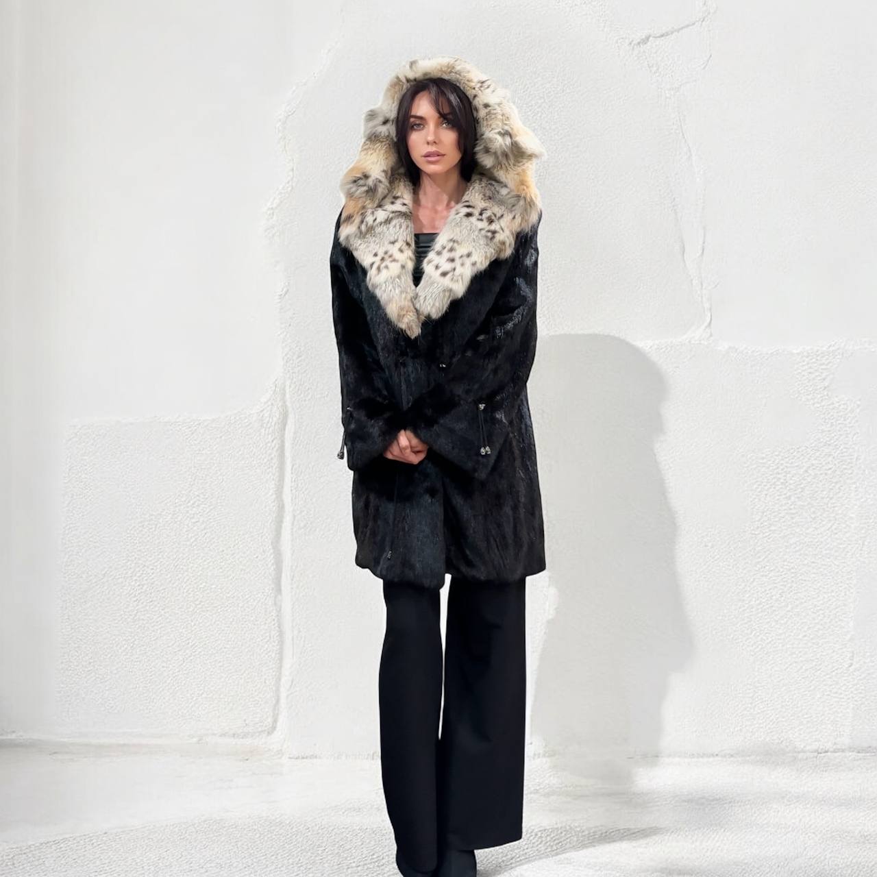 NEW Natural Real Dark Brown Black Mink M size Coat Natural Lynx Hooded 1201140