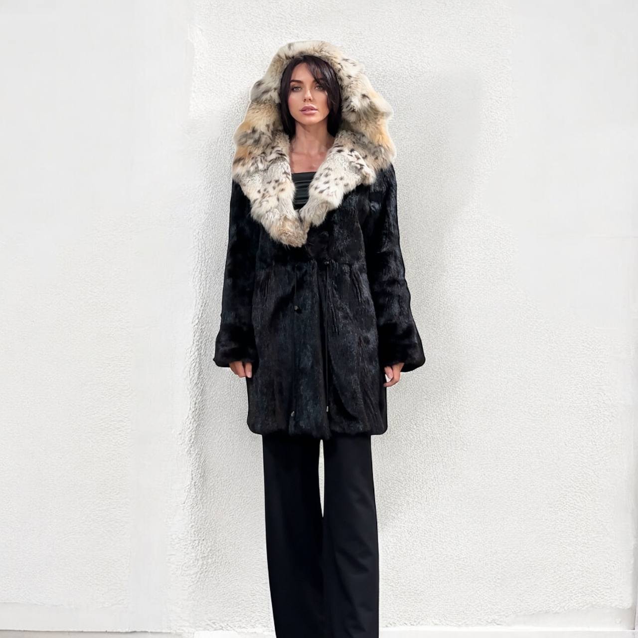 NEW Natural Real Dark Brown Black Mink M size Coat Natural Lynx Hooded 1201140