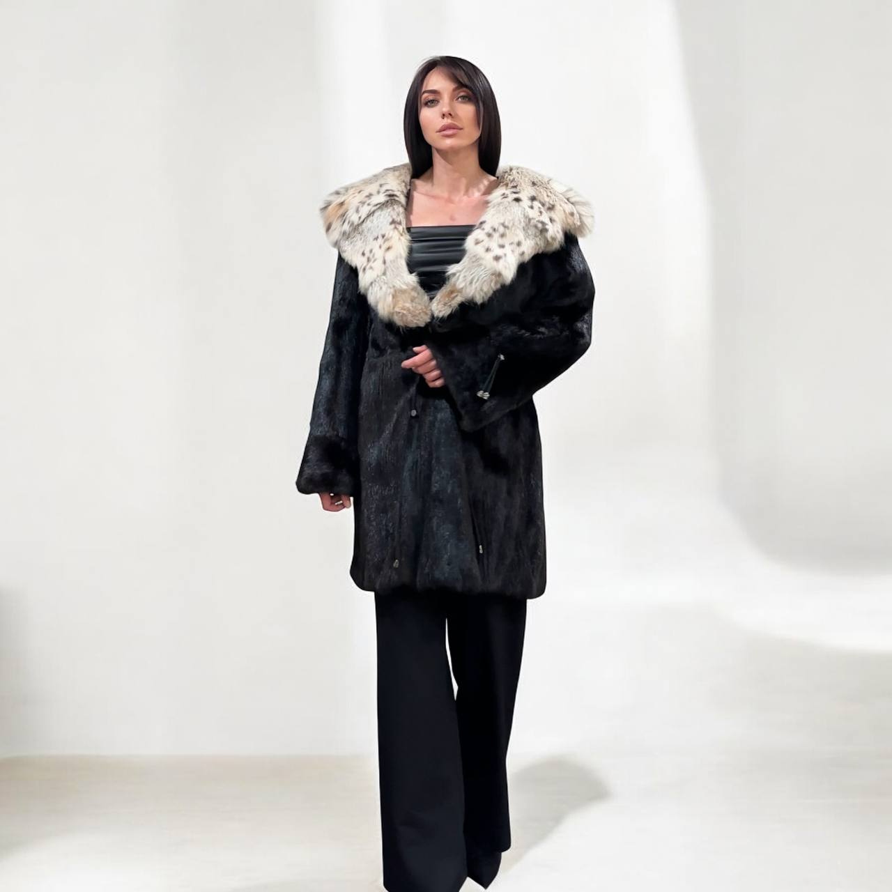 NEW Natural Real Dark Brown Black Mink M size Coat Natural Lynx Hooded 1201140