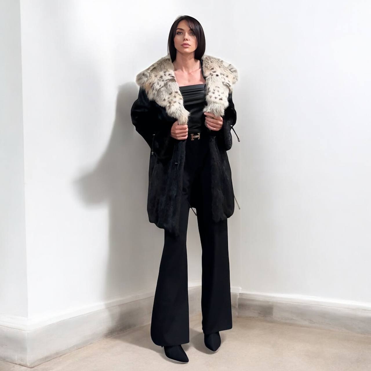 NEW Natural Real Dark Brown Black Mink M size Coat Natural Lynx Hooded 1201140
