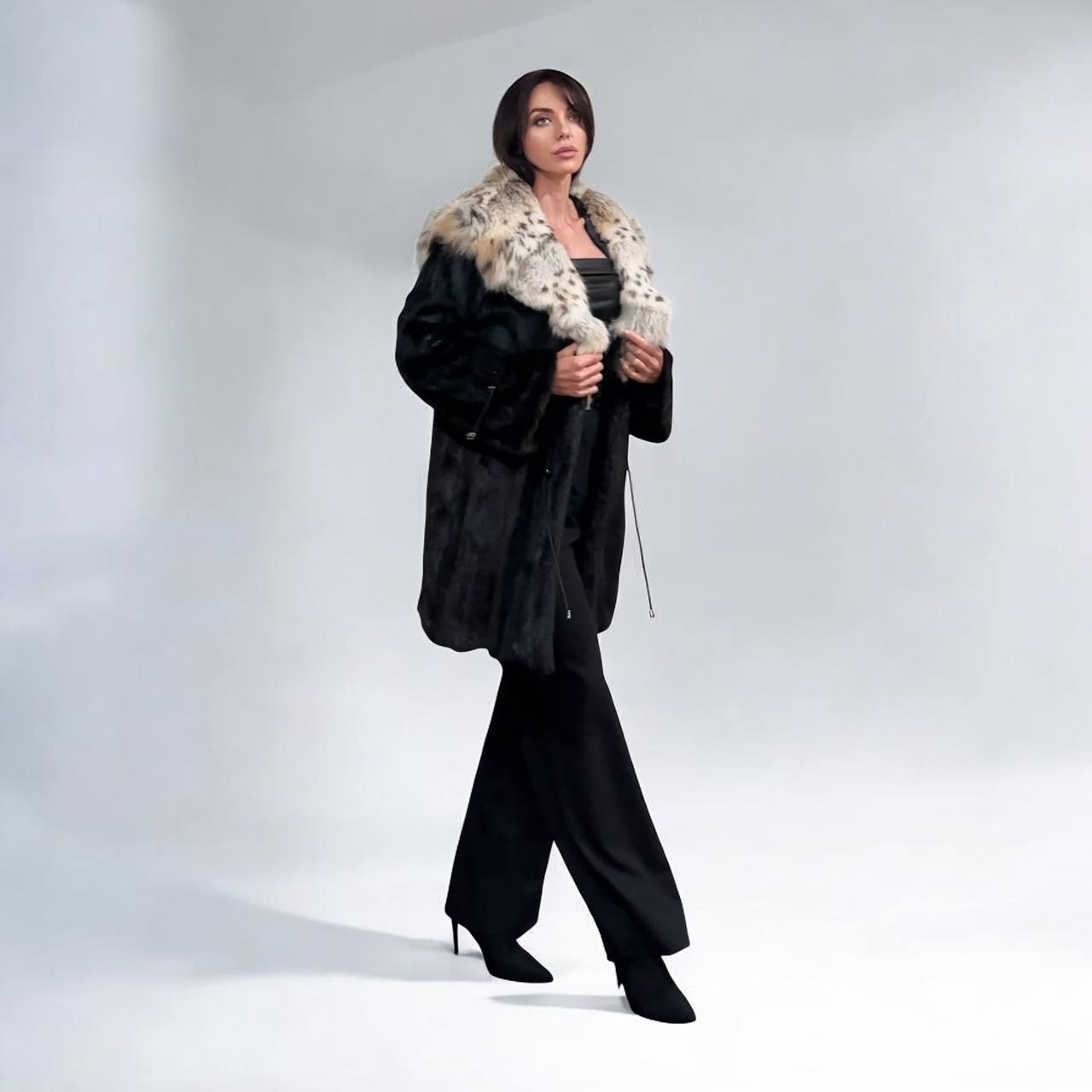 NEW Natural Real Dark Brown Black Mink M size Coat Natural Lynx Hooded 1201140