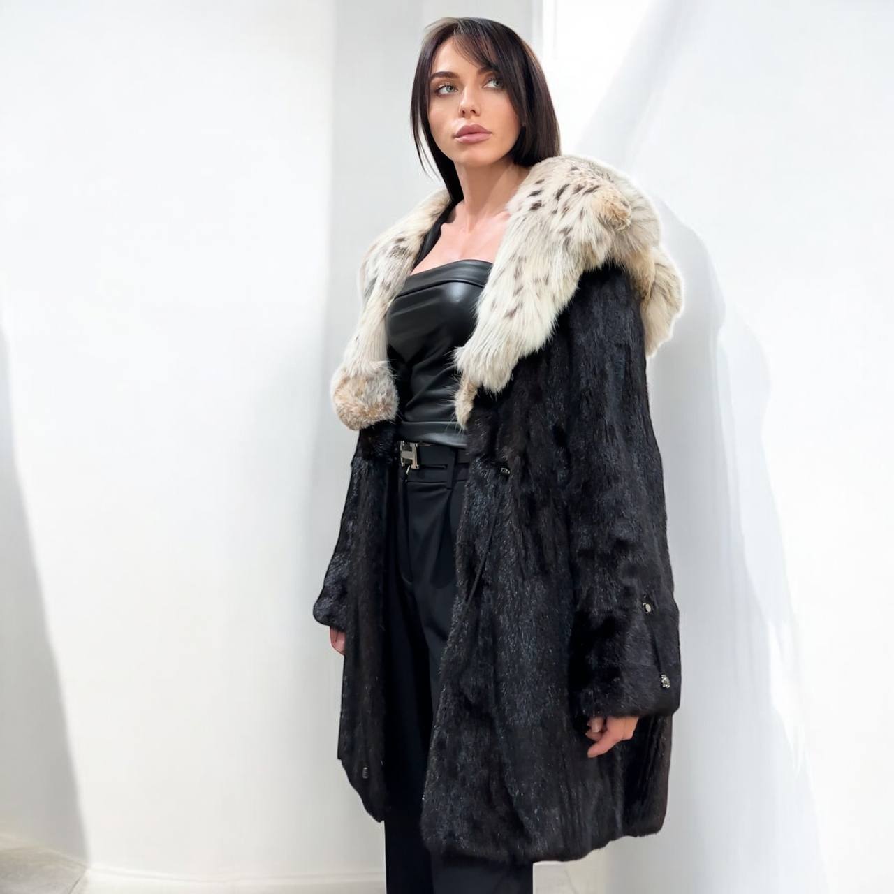 NEW Natural Real Dark Brown Black Mink M size Coat Natural Lynx Hooded 1201140