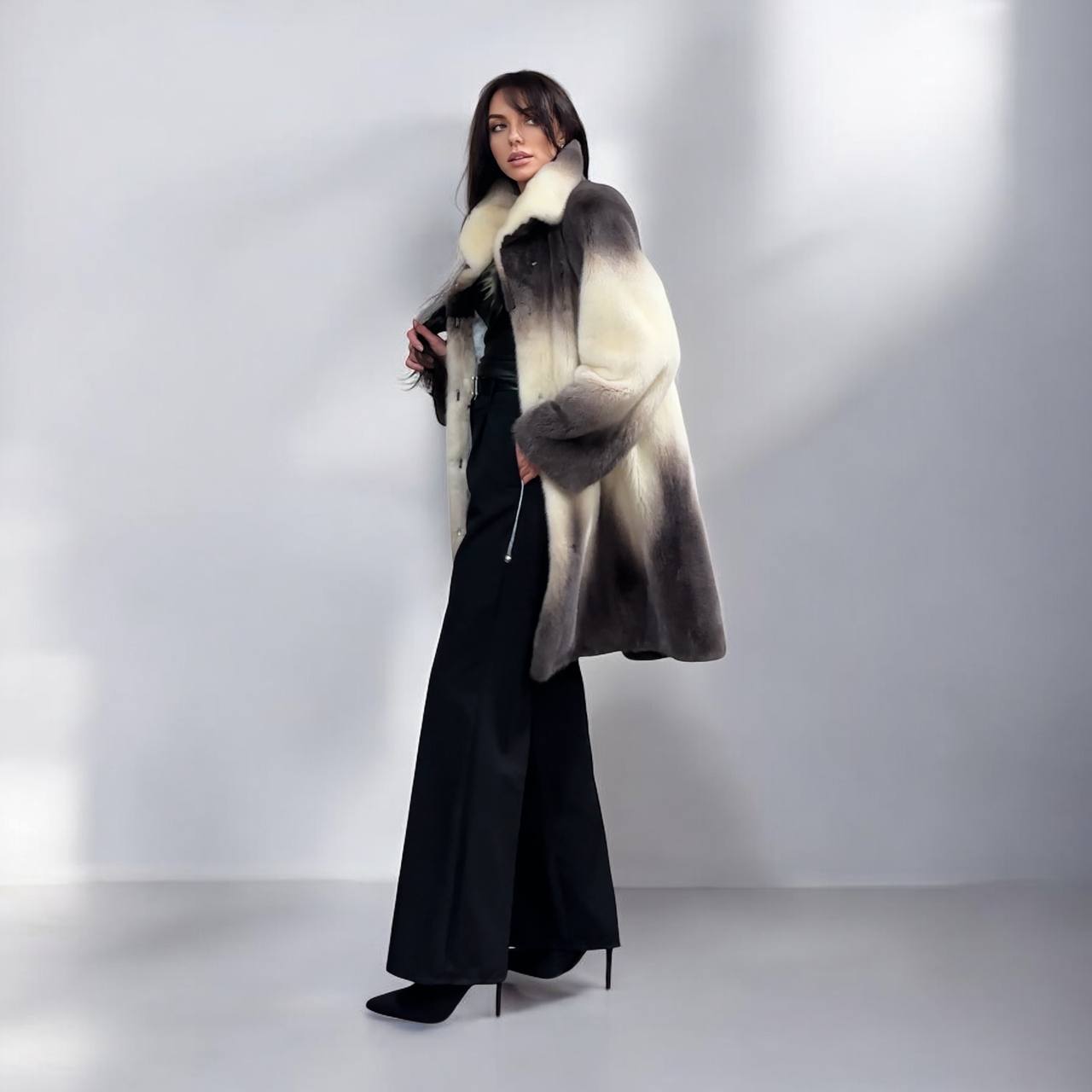 Luxury Natural Mink Fur Coat Gradient 1201142 M Shades Snow Cream Smoky Charcoal