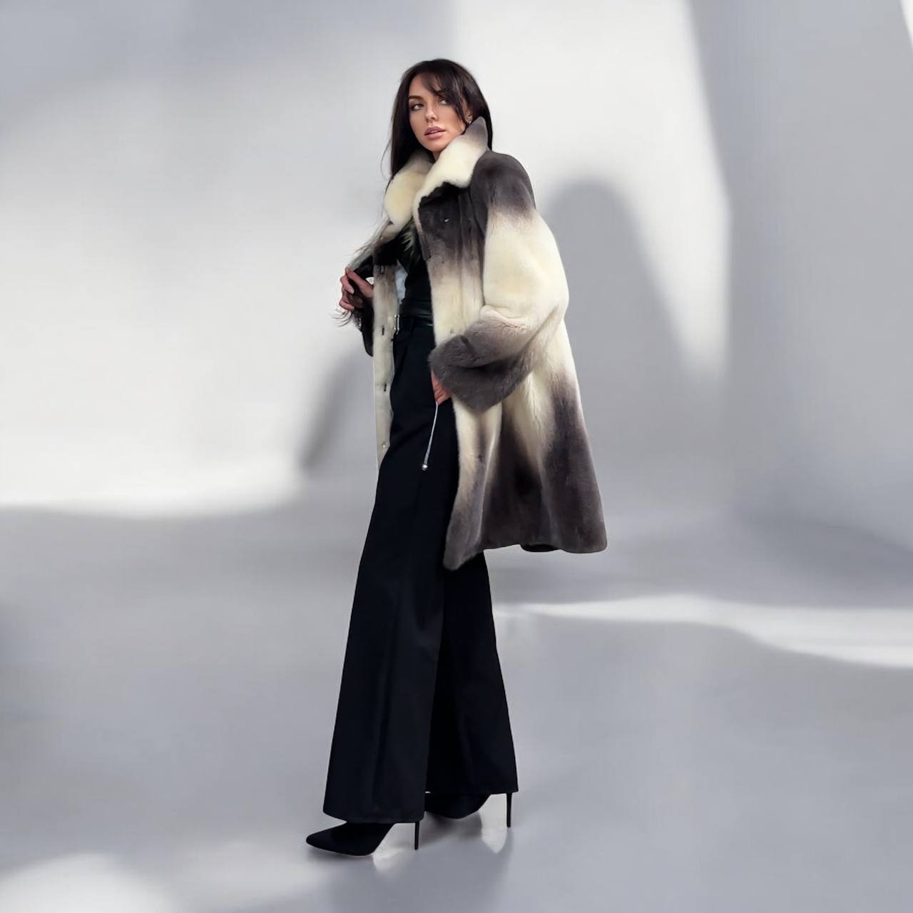 Luxury Natural Mink Fur Coat Gradient 1201142 M Shades Snow Cream Smoky Charcoal
