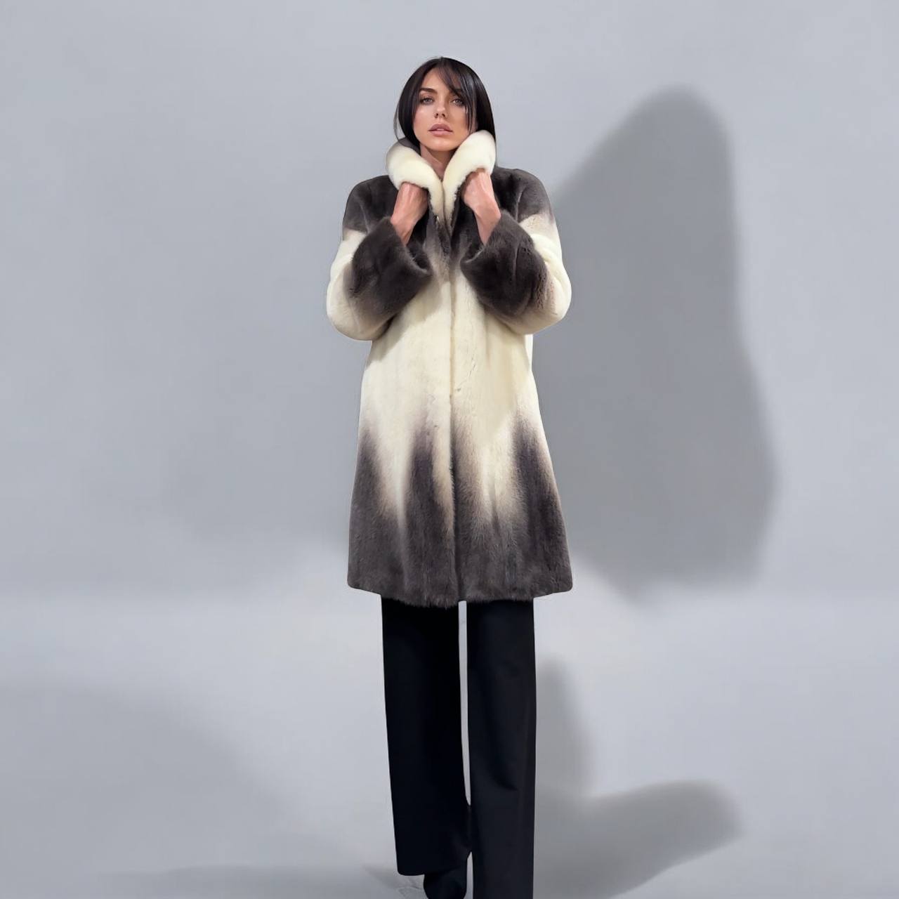 Luxury Natural Mink Fur Coat Gradient 1201142 M Shades Snow Cream Smoky Charcoal