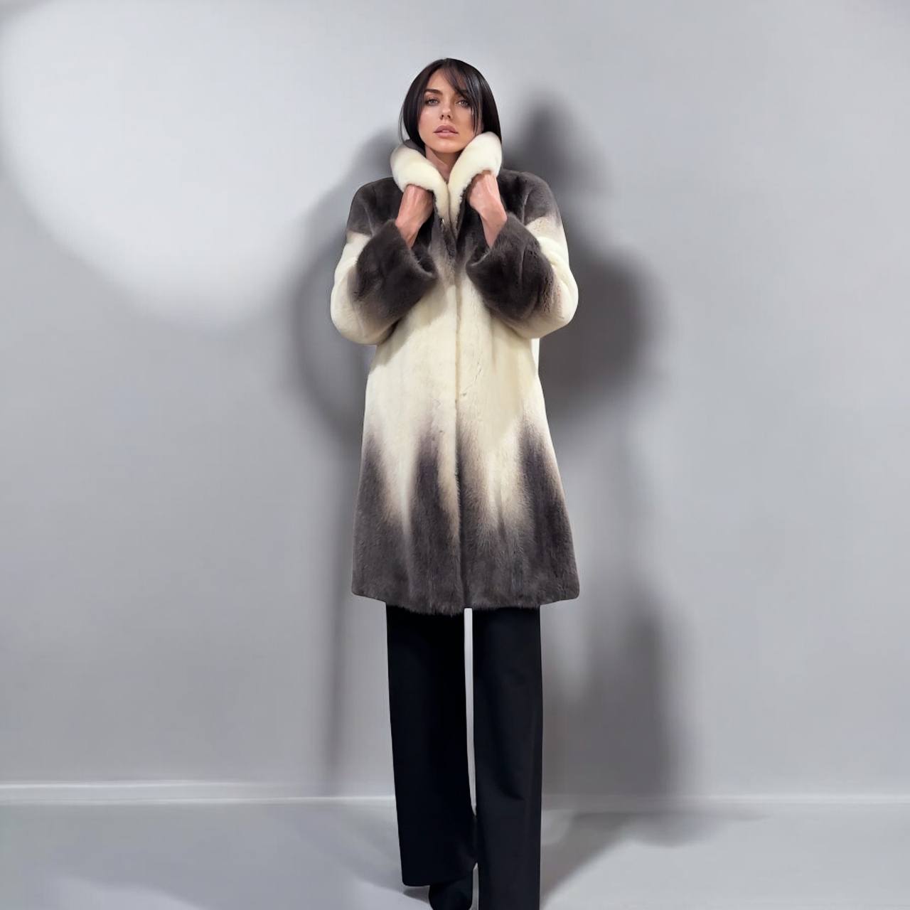 Luxury Natural Mink Fur Coat Gradient 1201142 M Shades Snow Cream Smoky Charcoal