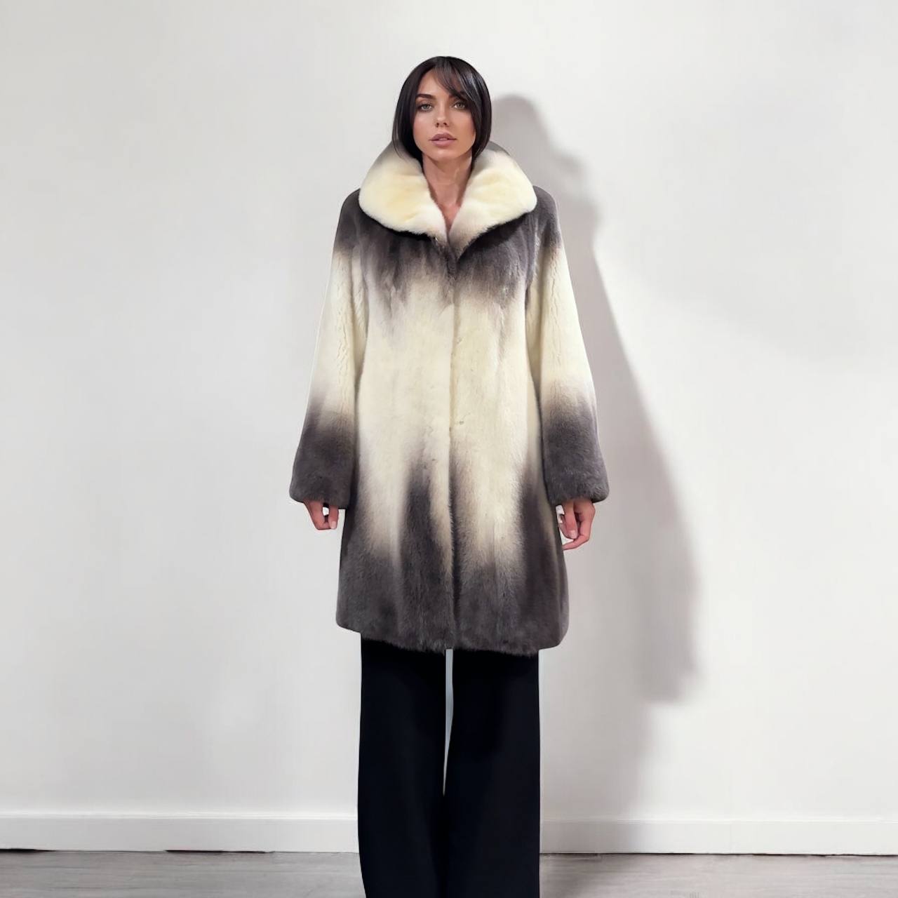 Luxury Natural Mink Fur Coat Gradient 1201142 M Shades Snow Cream Smoky Charcoal