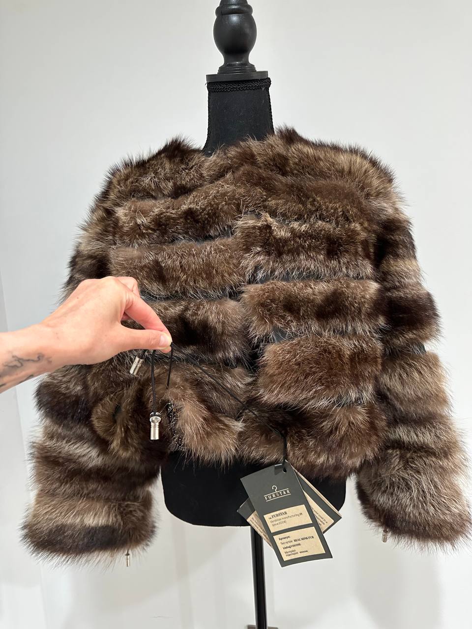 Real raccoon 100% Fur SHORT BOMBER Coat Size L 1109838 HORIZONTAL STYLE