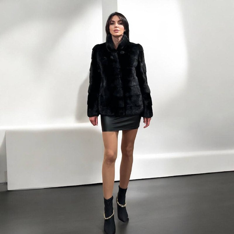 REAL Mink FUR jacket coat GENUINE 1201075 BLACK size S NEW Luxury SLEEVE detachabl