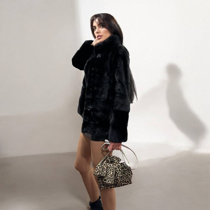REAL Mink FUR jacket coat GENUINE 1201075 BLACK size S NEW Luxury SLEEVE detachabl