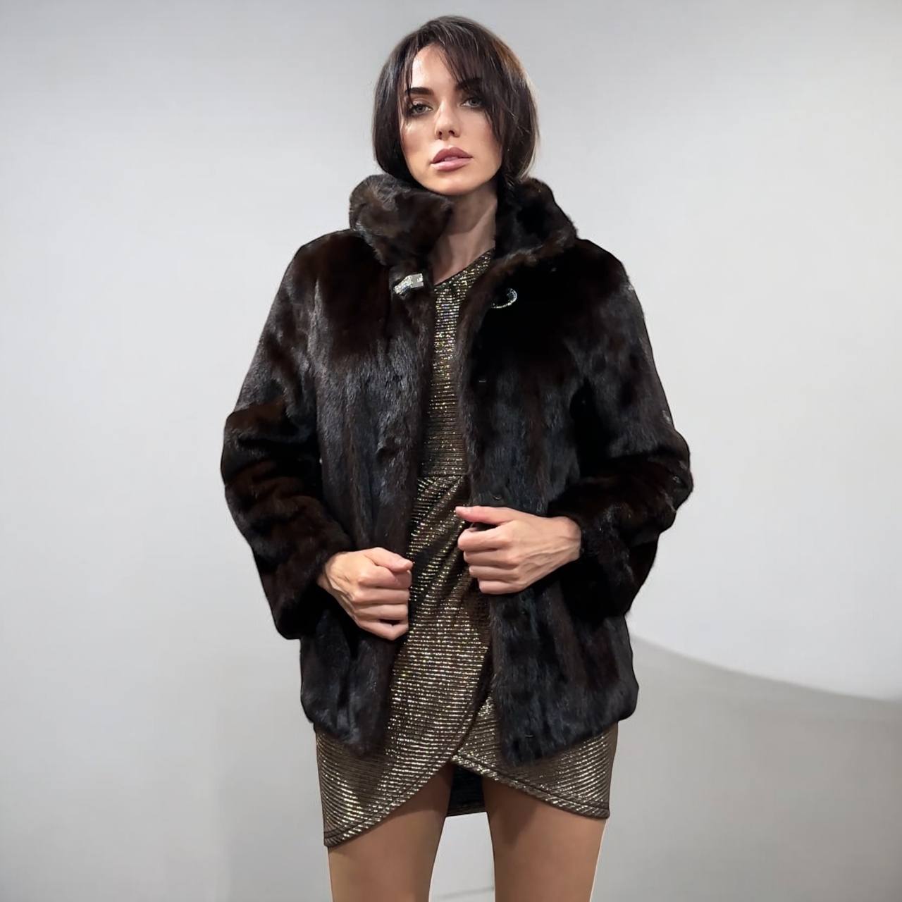 Real 100% MINK FUR 1201072 size S brown HOODED BOMBER Coat Jacket