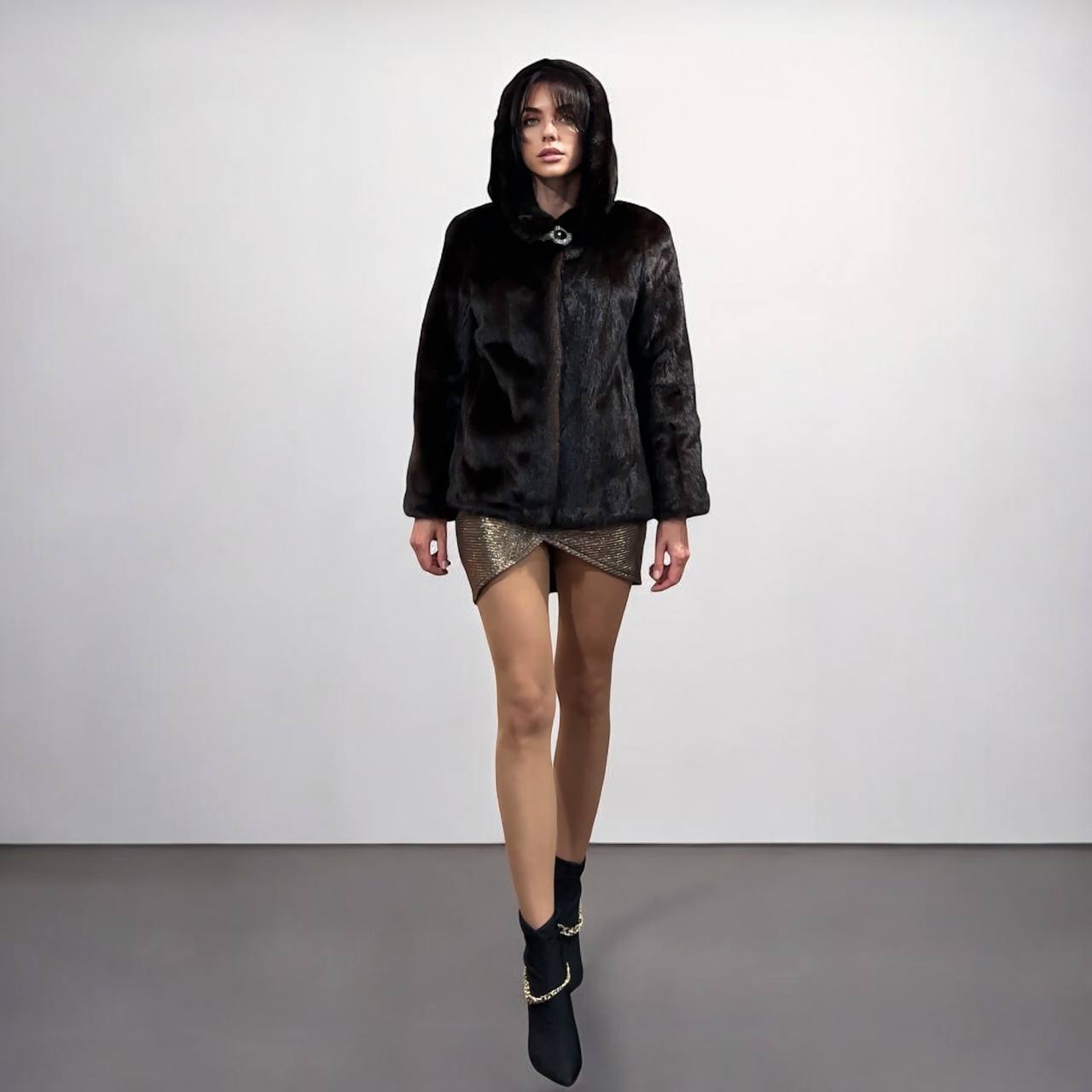 Real 100% MINK FUR 1201072 size S brown HOODED BOMBER Coat Jacket