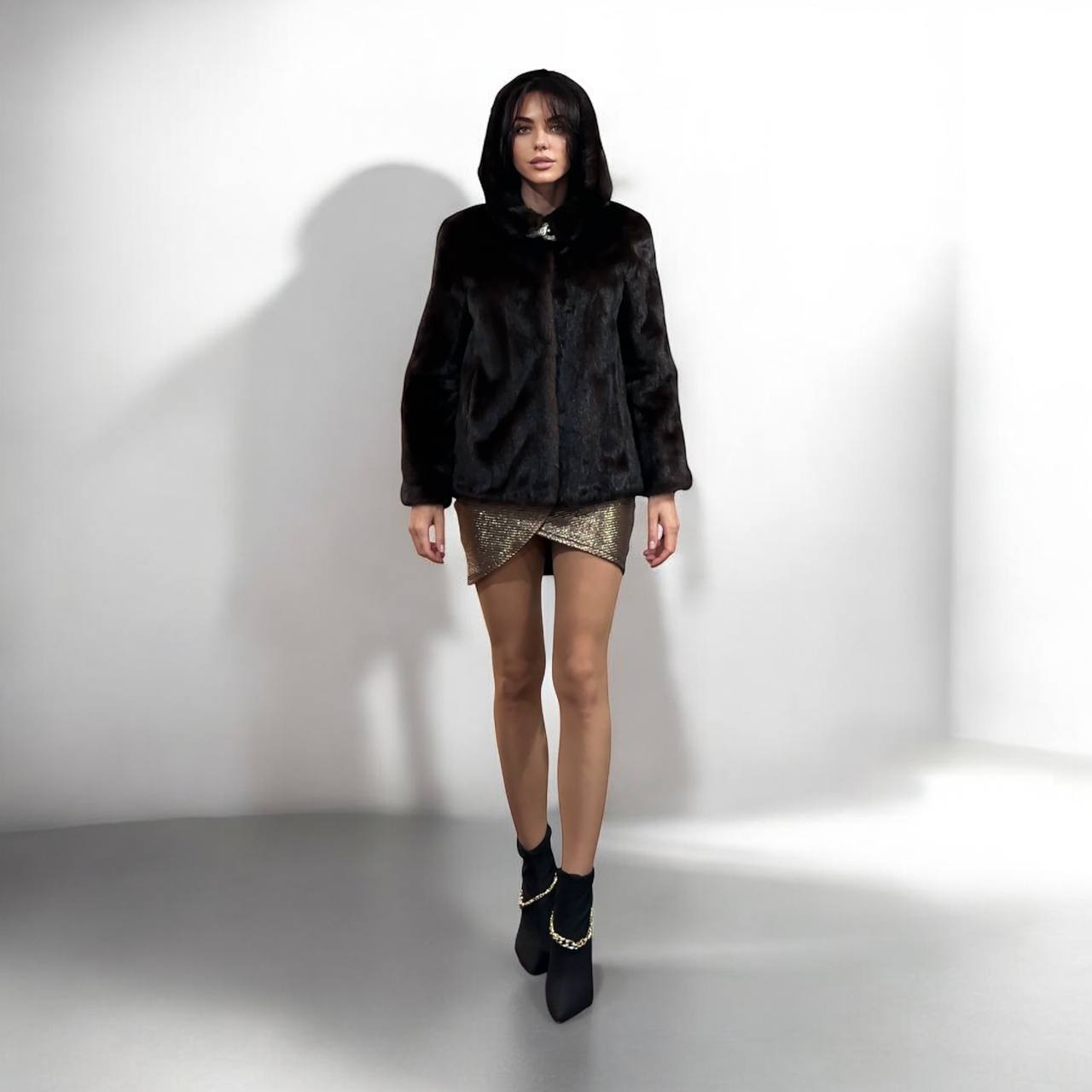 Real 100% MINK FUR 1201072 size S brown HOODED BOMBER Coat Jacket