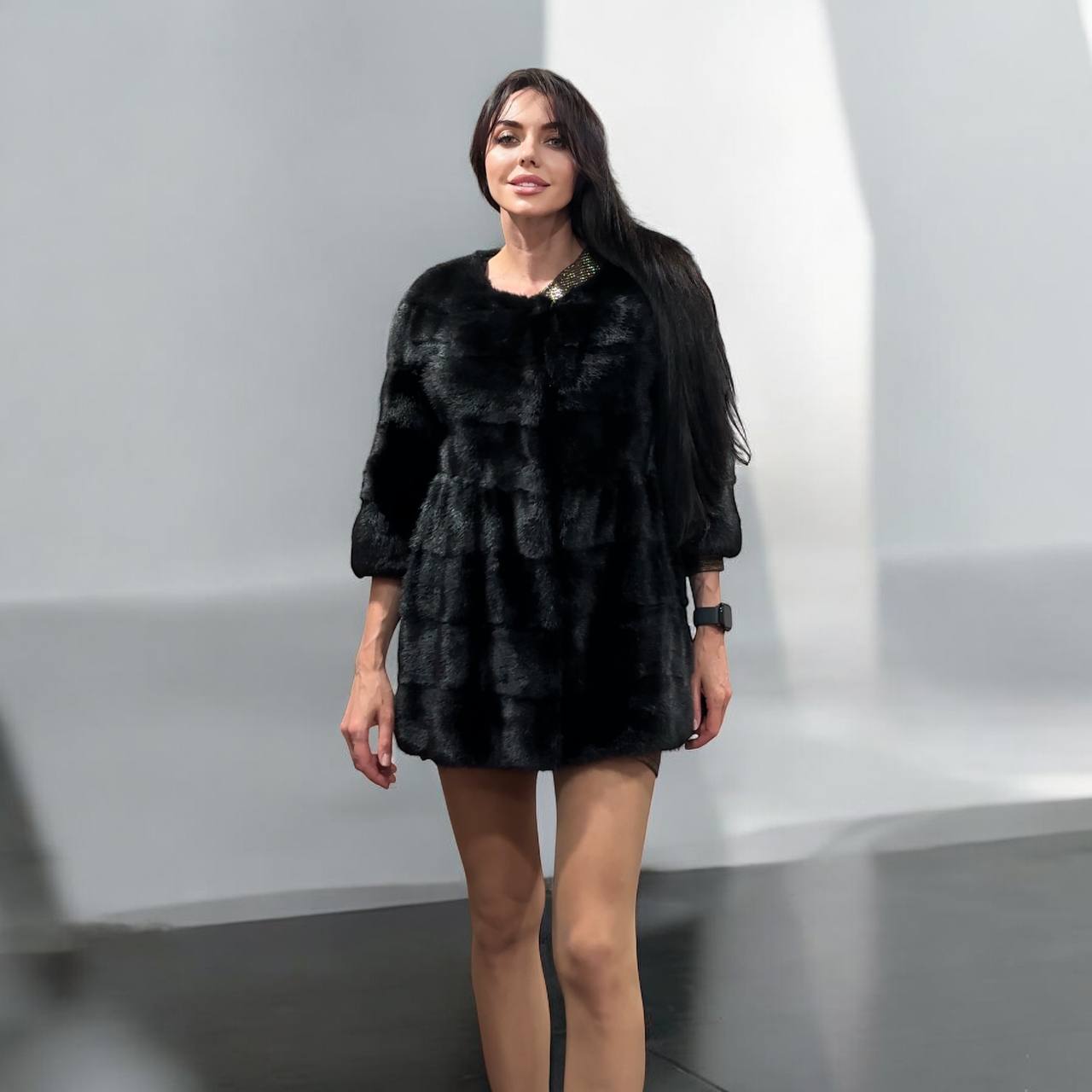 REAL Mink FUR jacket SHORT SLEEVE coat GENUINE 1201070 BLACK size S NEW Luxury