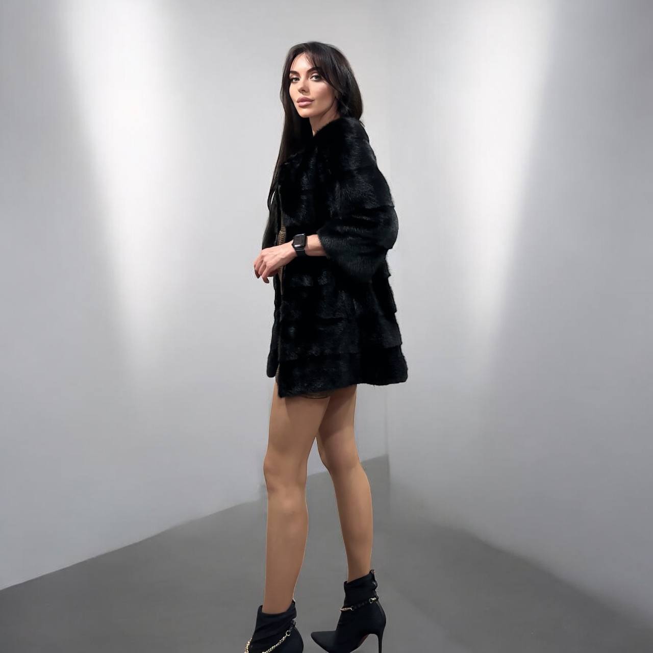 REAL Mink FUR jacket SHORT SLEEVE coat GENUINE 1201070 BLACK size S NEW Luxury
