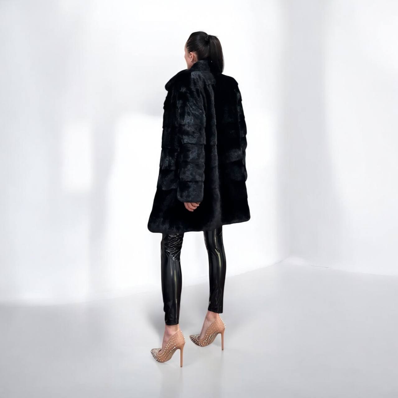 NEW REAL MINK FUR coat size M 1201121 HORIZONTAL long sleeve jacket BLACK