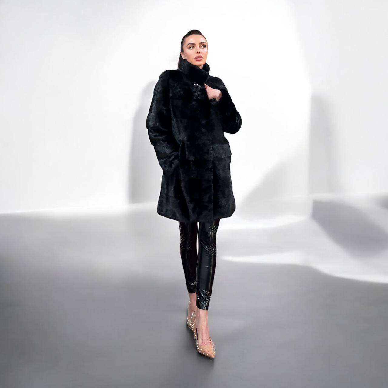 NEW REAL MINK FUR coat size M 1201121 HORIZONTAL long sleeve jacket BLACK