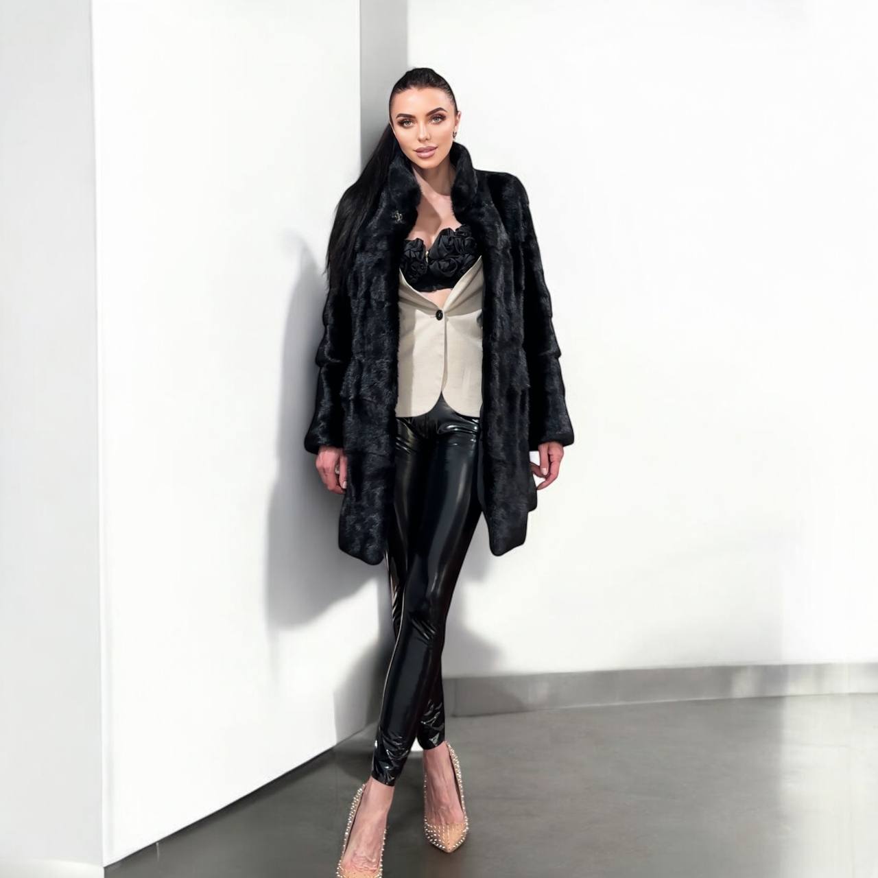 NEW REAL MINK FUR coat size M 1201121 HORIZONTAL long sleeve jacket BLACK