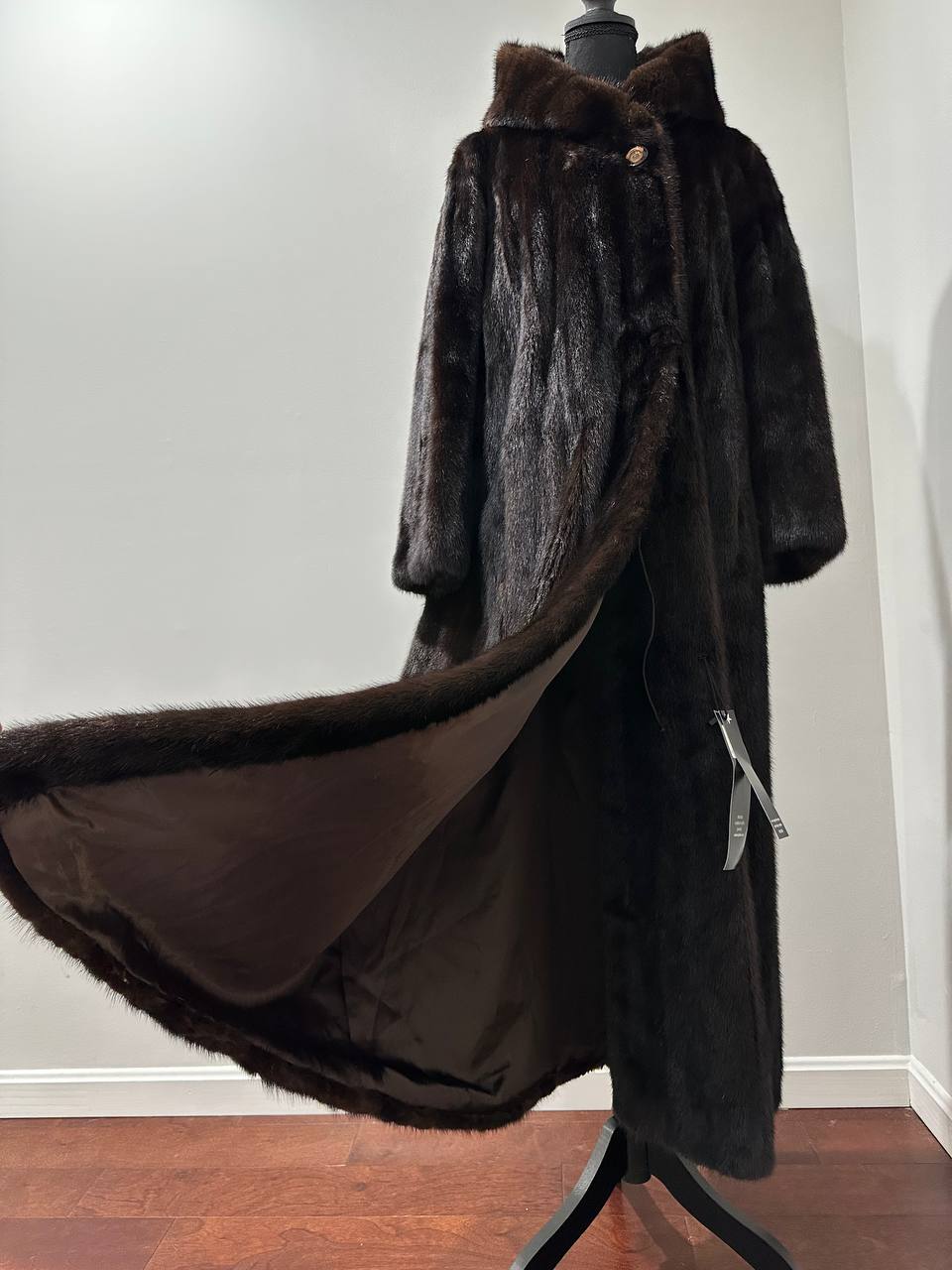 REAL HOODED Long Mahogany GENUINE REAL Mink FUR Coat 1201044 size XL