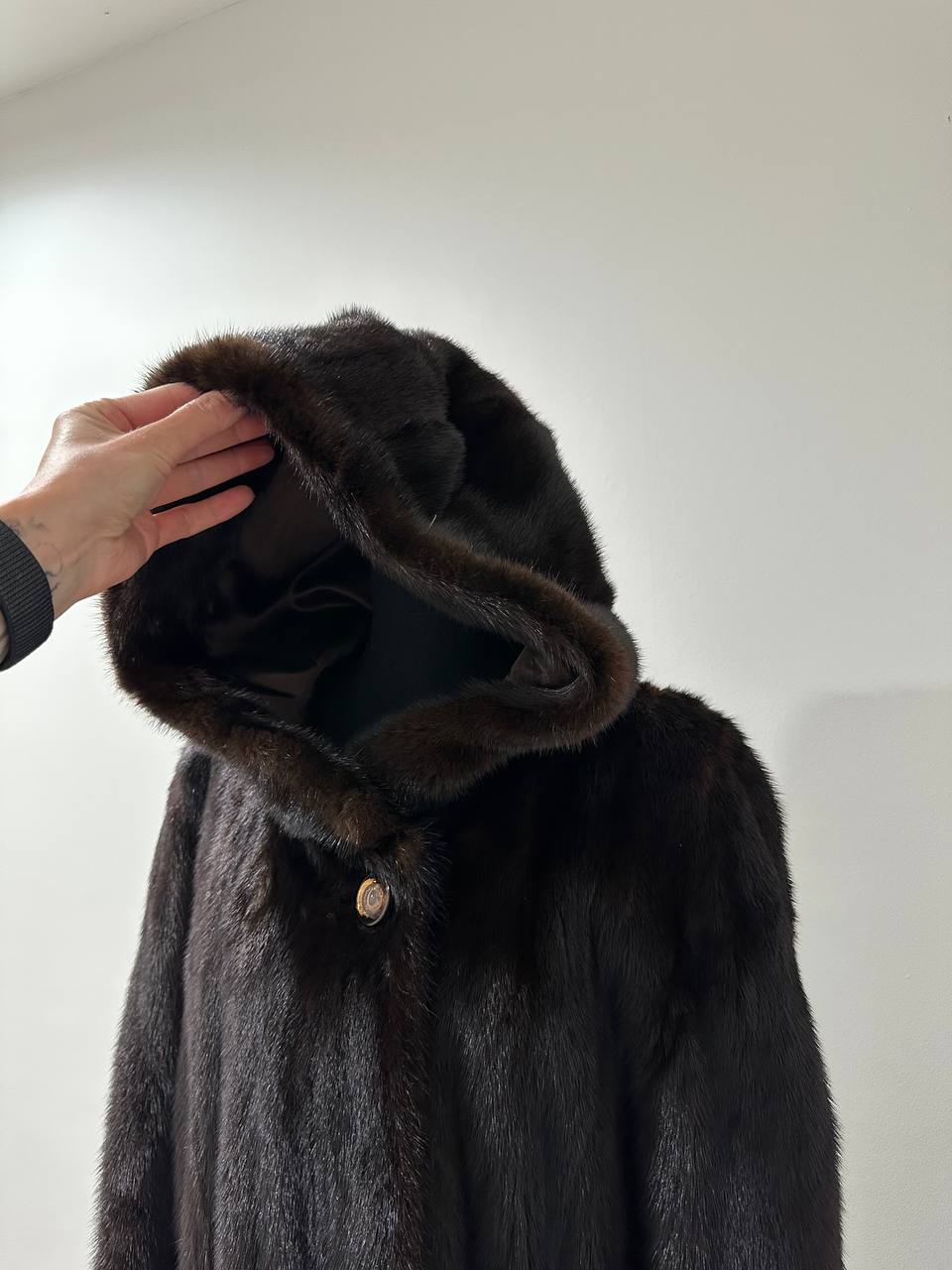 REAL HOODED Long Mahogany GENUINE REAL Mink FUR Coat 1201044 size XL