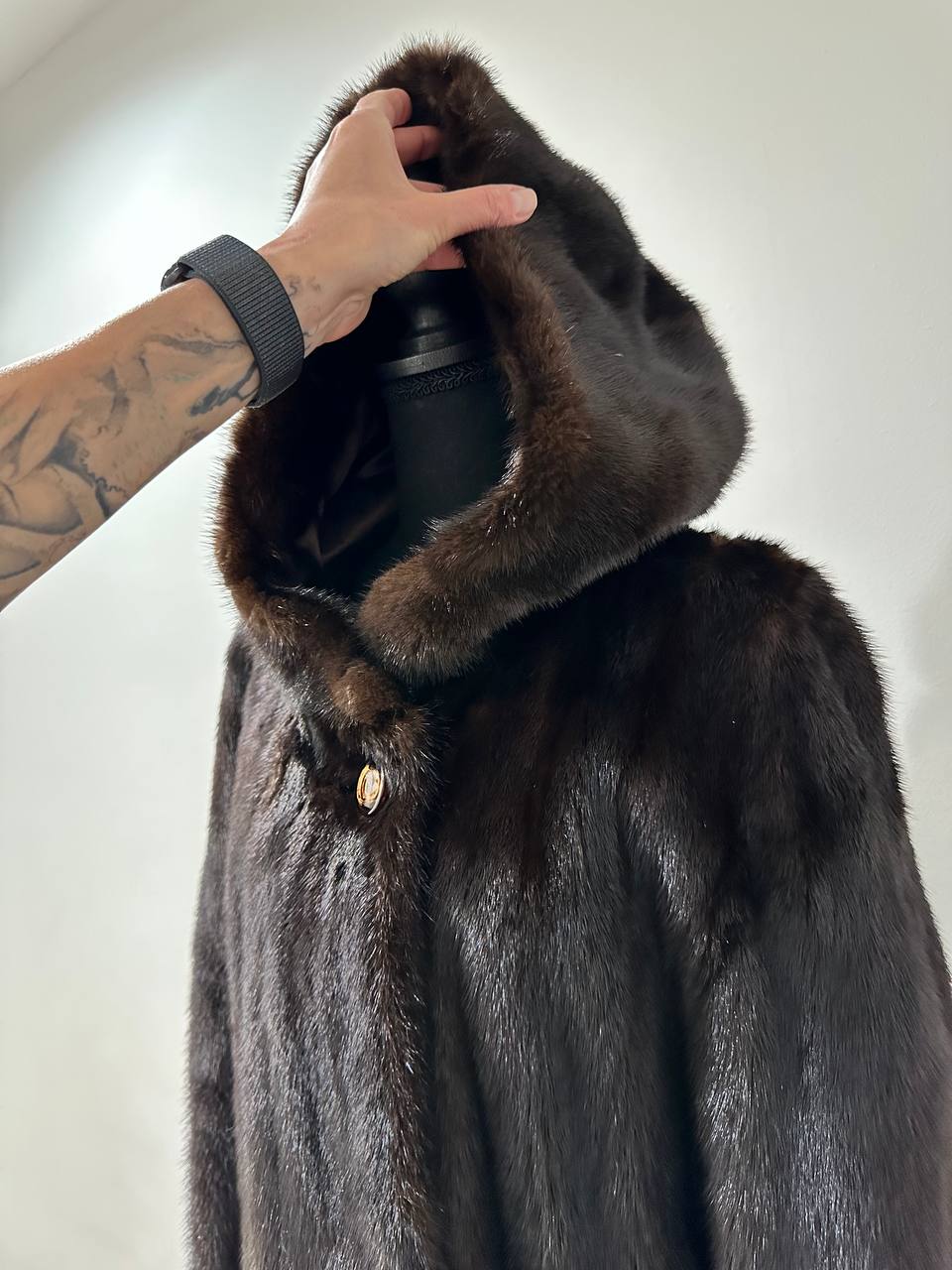 REAL HOODED Long Mahogany GENUINE REAL Mink FUR Coat 1201044 size XL