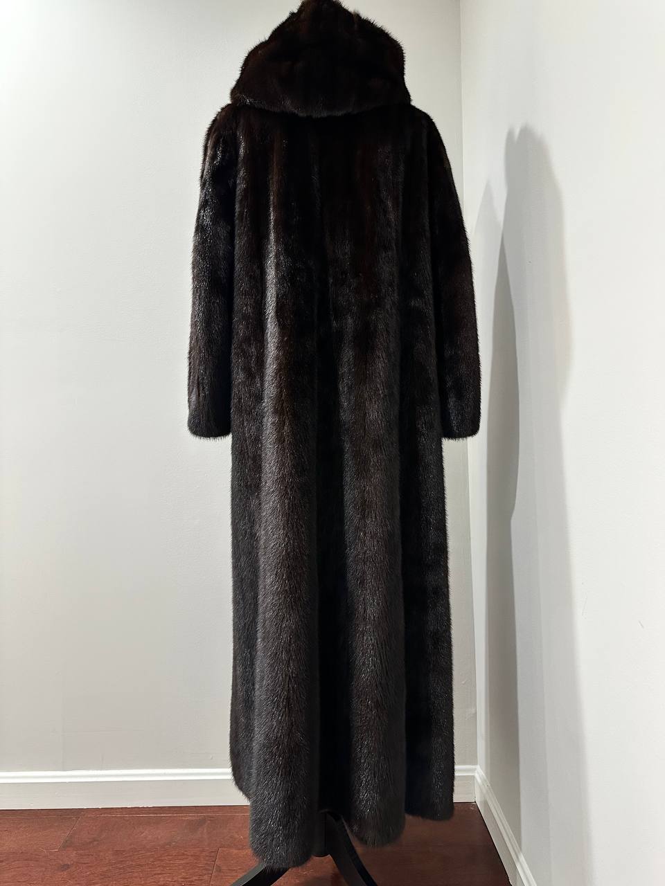REAL HOODED Long Mahogany GENUINE REAL Mink FUR Coat 1201044 size XL
