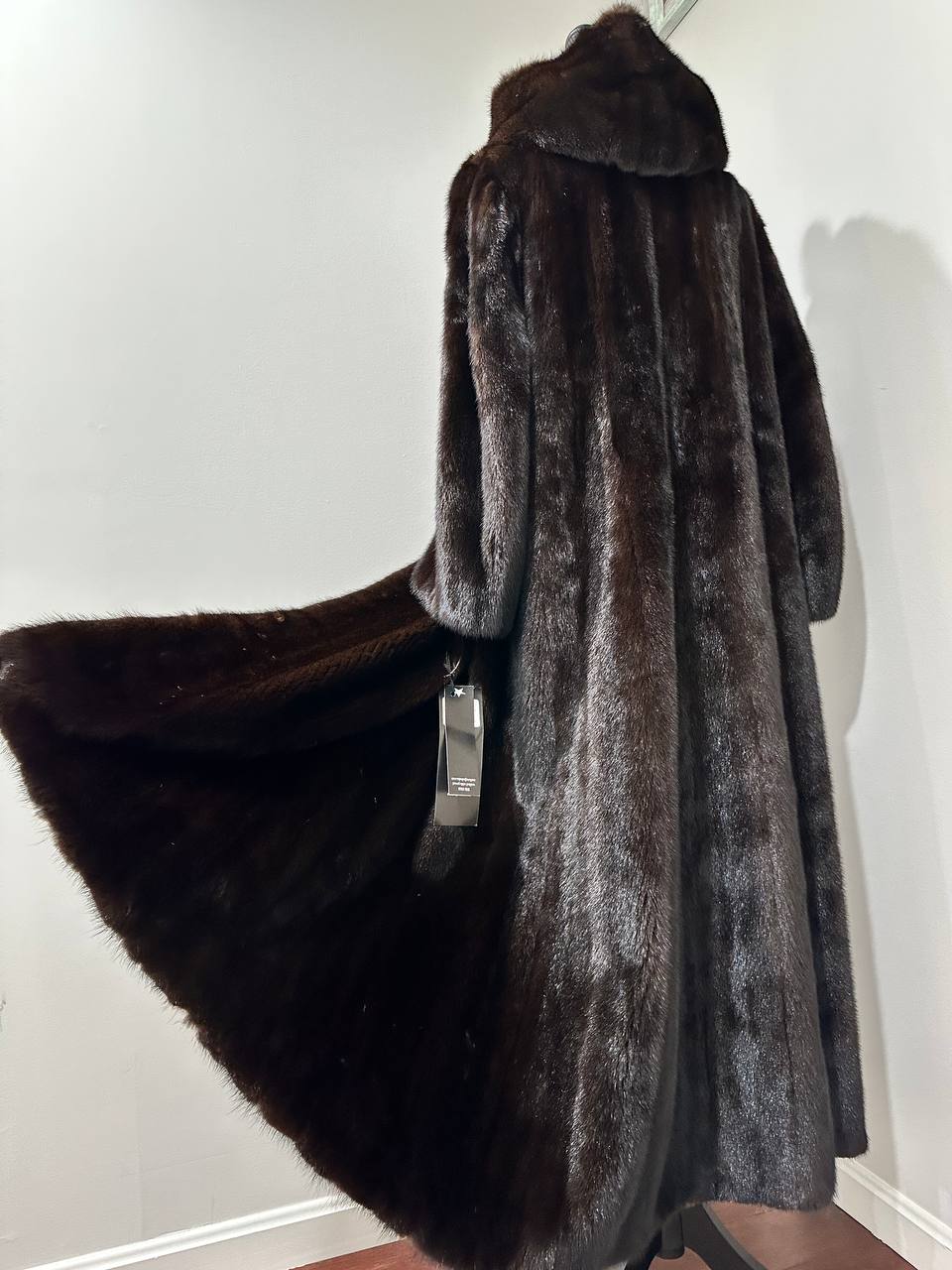 REAL HOODED Long Mahogany GENUINE REAL Mink FUR Coat 1201044 size XL