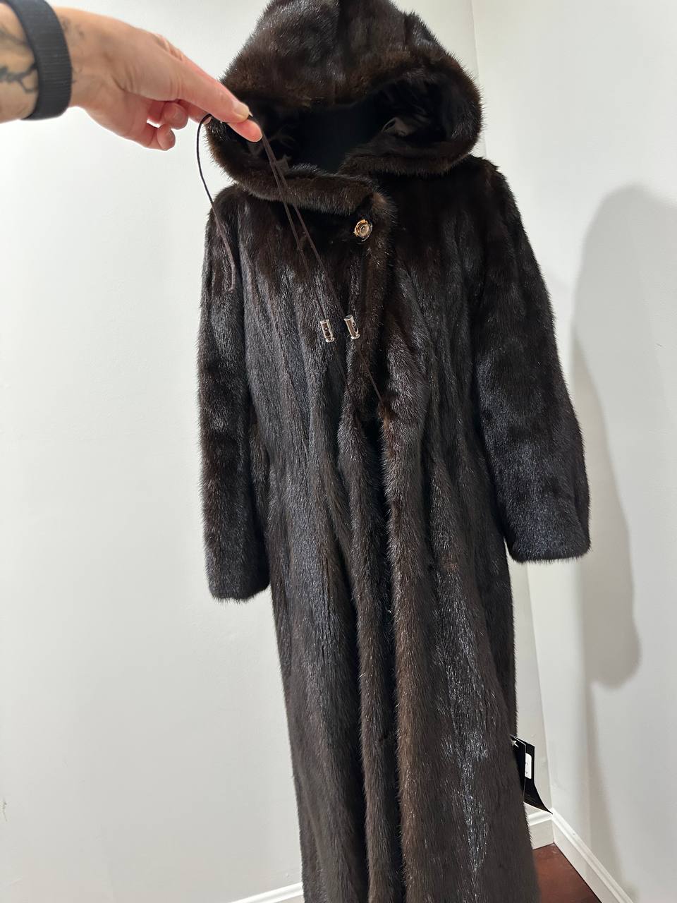 REAL HOODED Long Mahogany GENUINE REAL Mink FUR Coat 1201044 size XL