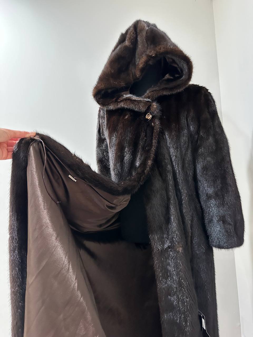REAL HOODED Long Mahogany GENUINE REAL Mink FUR Coat 1201044 size XL