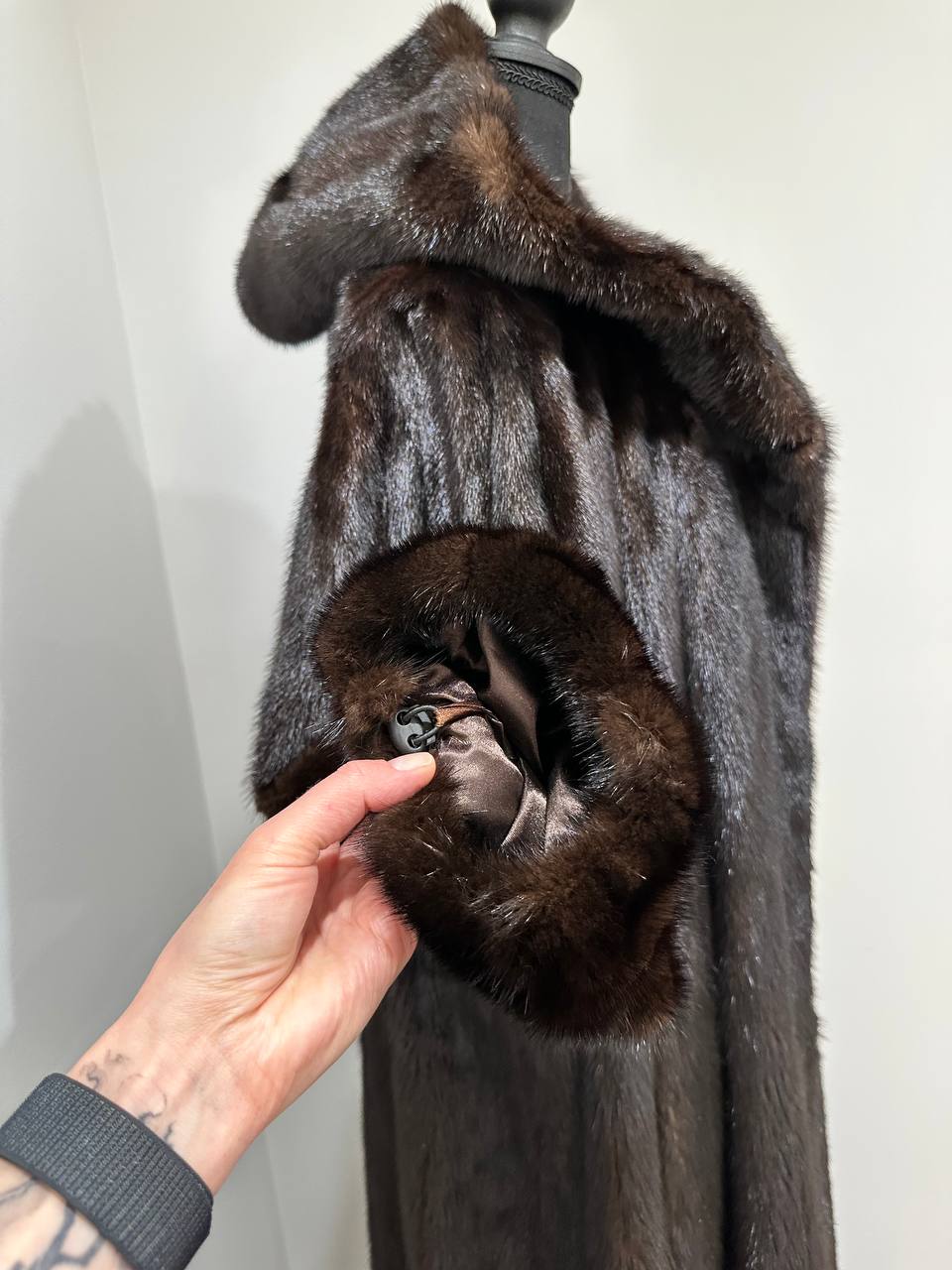 REAL HOODED Long Mahogany GENUINE REAL Mink FUR Coat 1201044 size XL