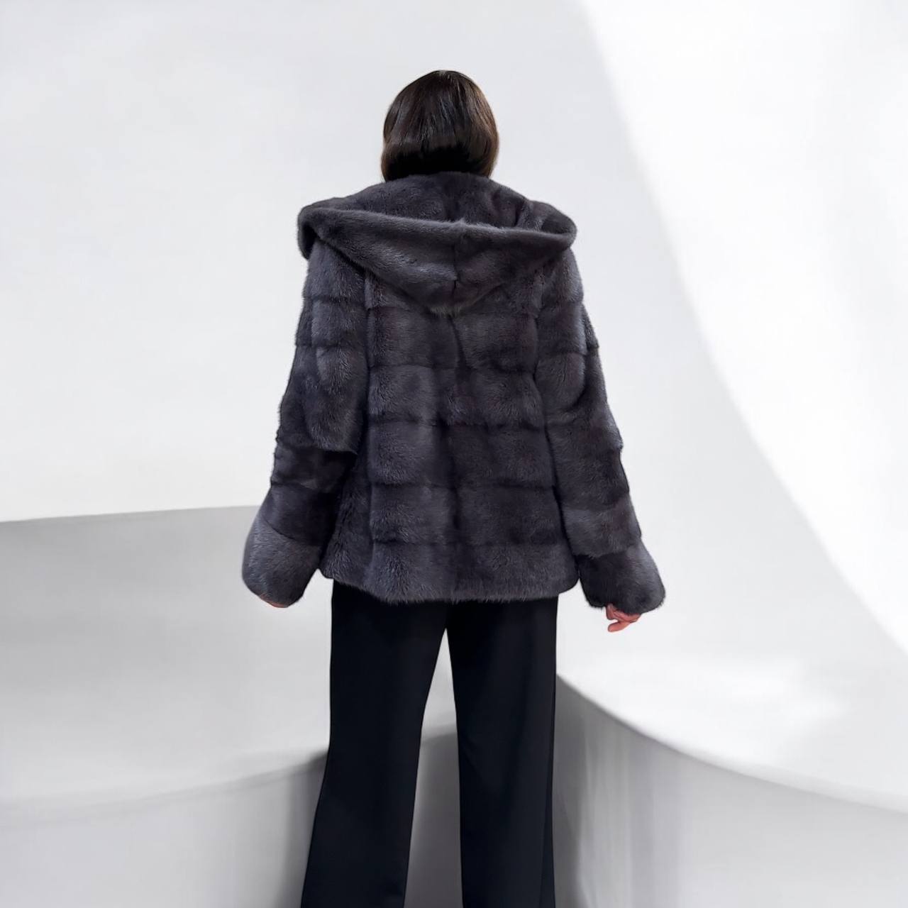 New HOODED MINK 100% FUR BOMBER coat JACKET size S DARK VIOLET FULL SKIN 1201124