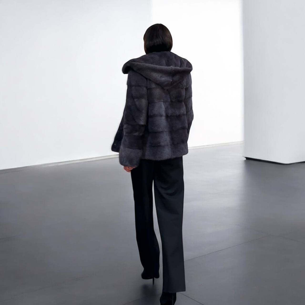 New HOODED MINK 100% FUR BOMBER coat JACKET size S DARK VIOLET FULL SKIN 1201124