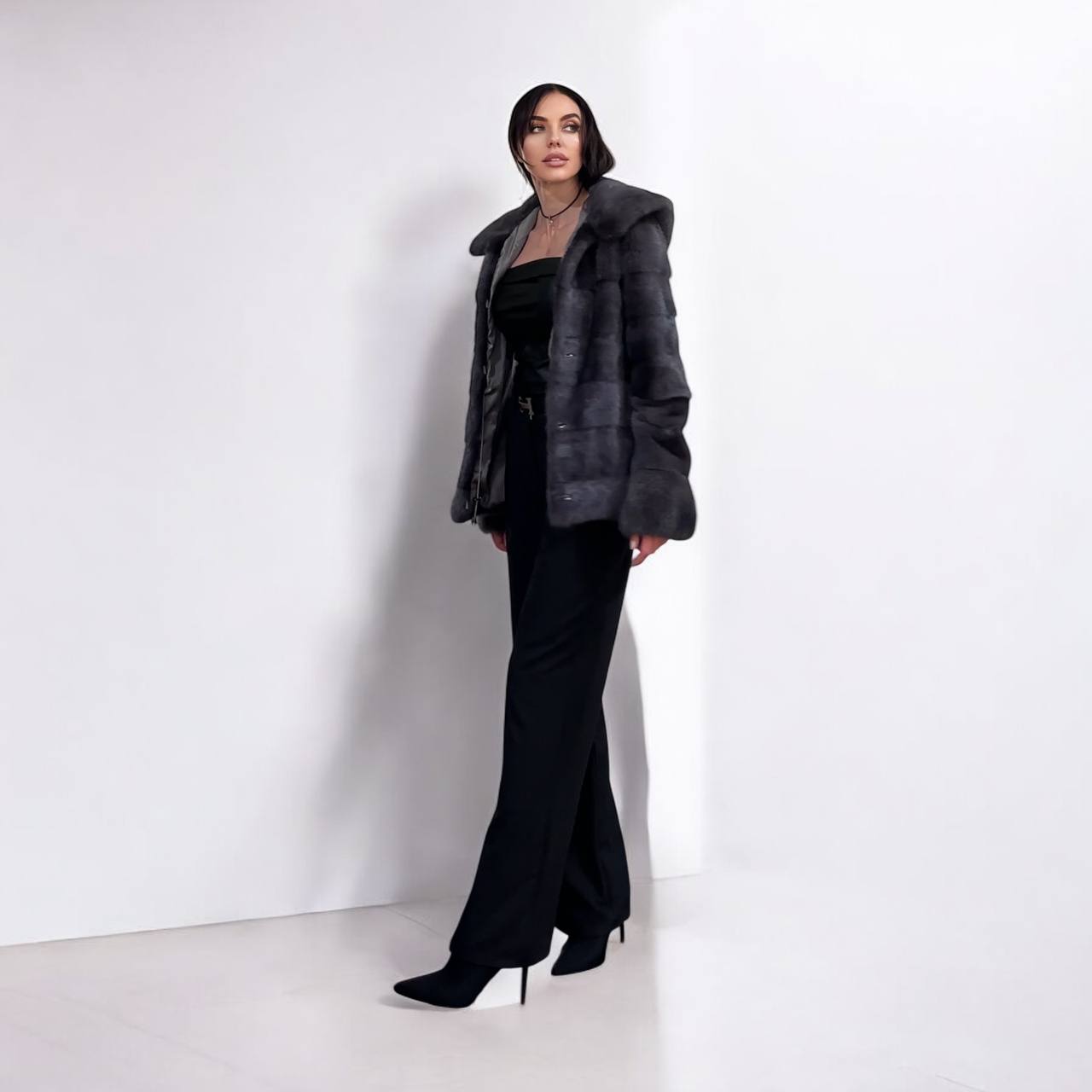 New HOODED MINK 100% FUR BOMBER coat JACKET size S DARK VIOLET FULL SKIN 1201124