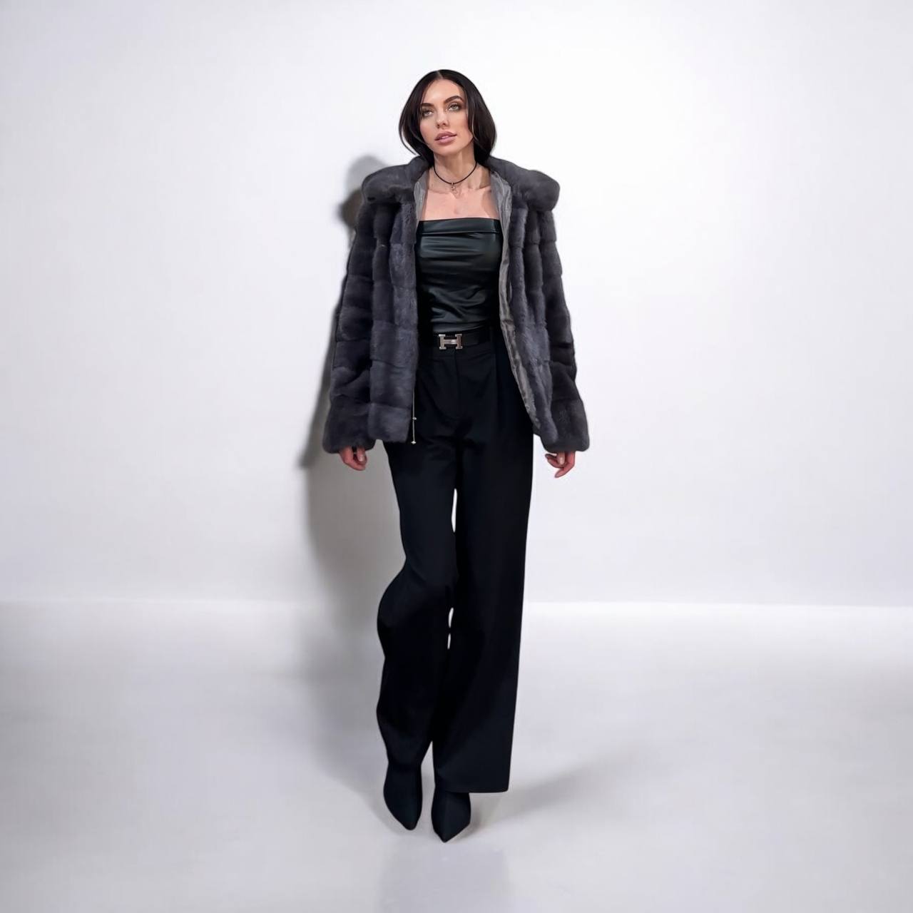 New HOODED MINK 100% FUR BOMBER coat JACKET size S DARK VIOLET FULL SKIN 1201124