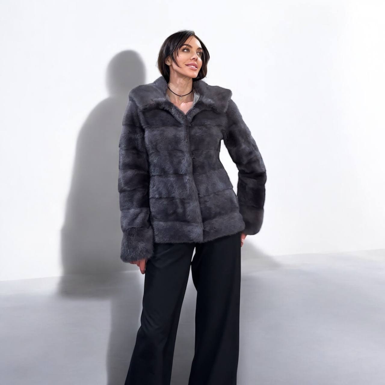 New HOODED MINK 100% FUR BOMBER coat JACKET size S DARK VIOLET FULL SKIN 1201124