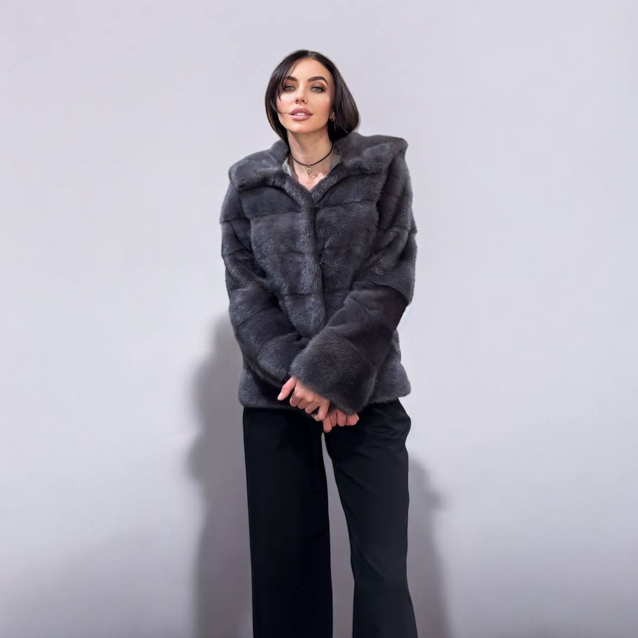 New HOODED MINK 100% FUR BOMBER coat JACKET size S DARK VIOLET FULL SKIN 1201124