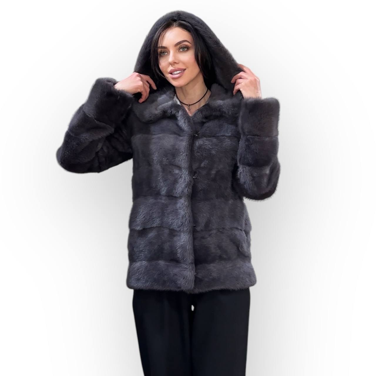 New HOODED MINK 100% FUR BOMBER coat JACKET size S DARK VIOLET FULL SKIN 1201124