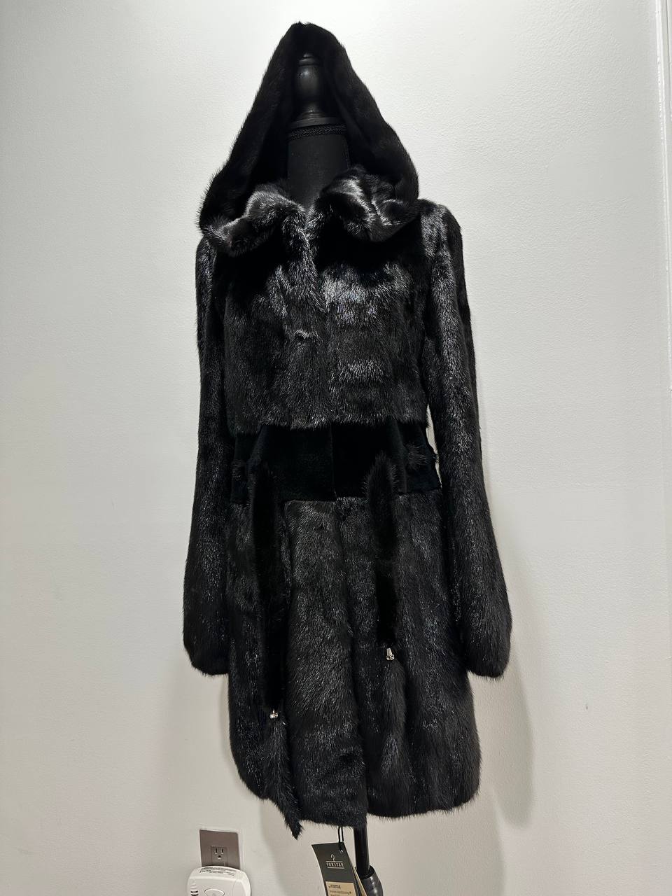 NEW REAL MINK FUR coat size S BELTED HOODED 1201123 long sleeve jacket BLACK