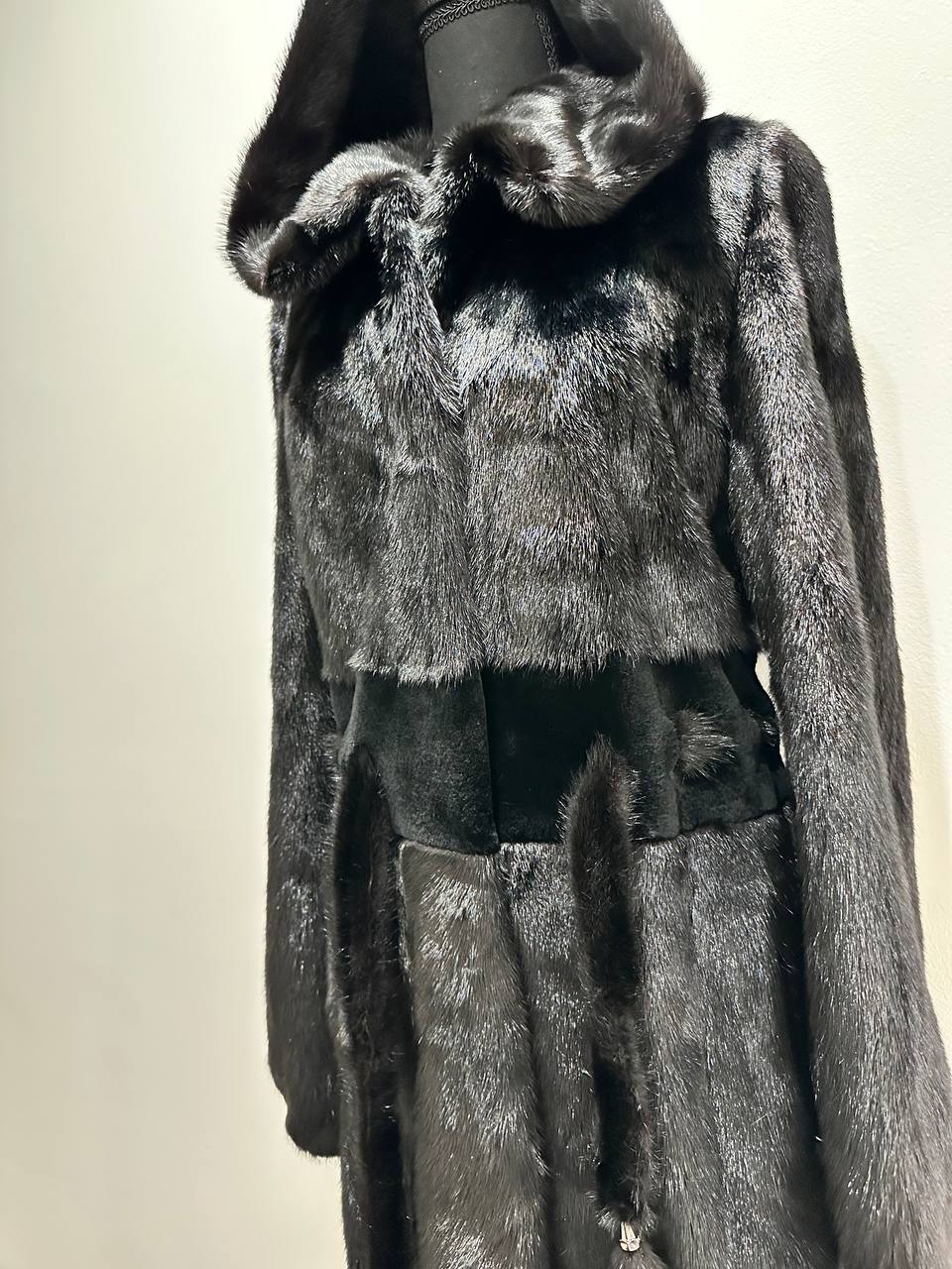 NEW REAL MINK FUR coat size S BELTED HOODED 1201123 long sleeve jacket BLACK