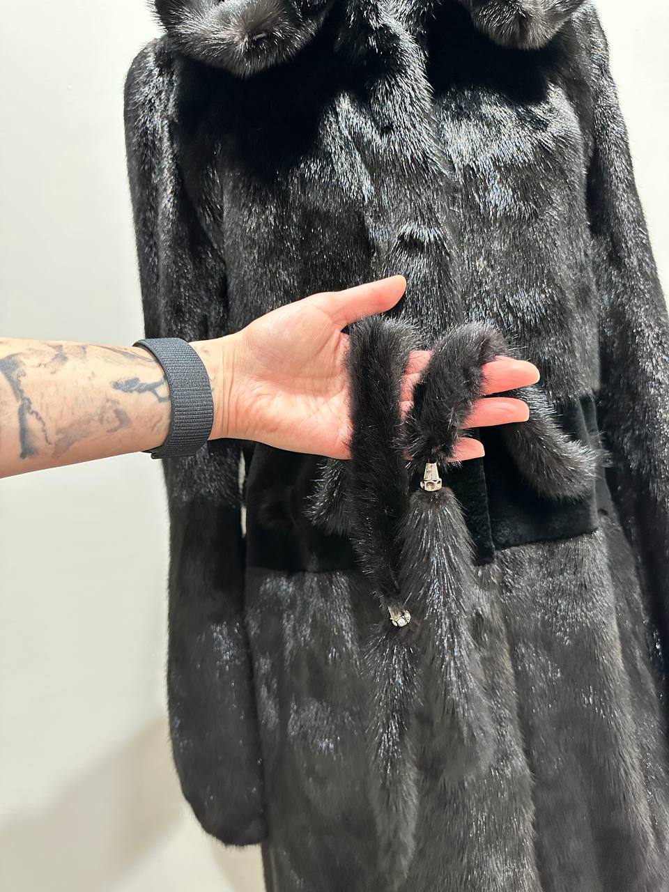 NEW REAL MINK FUR coat size S BELTED HOODED 1201123 long sleeve jacket BLACK