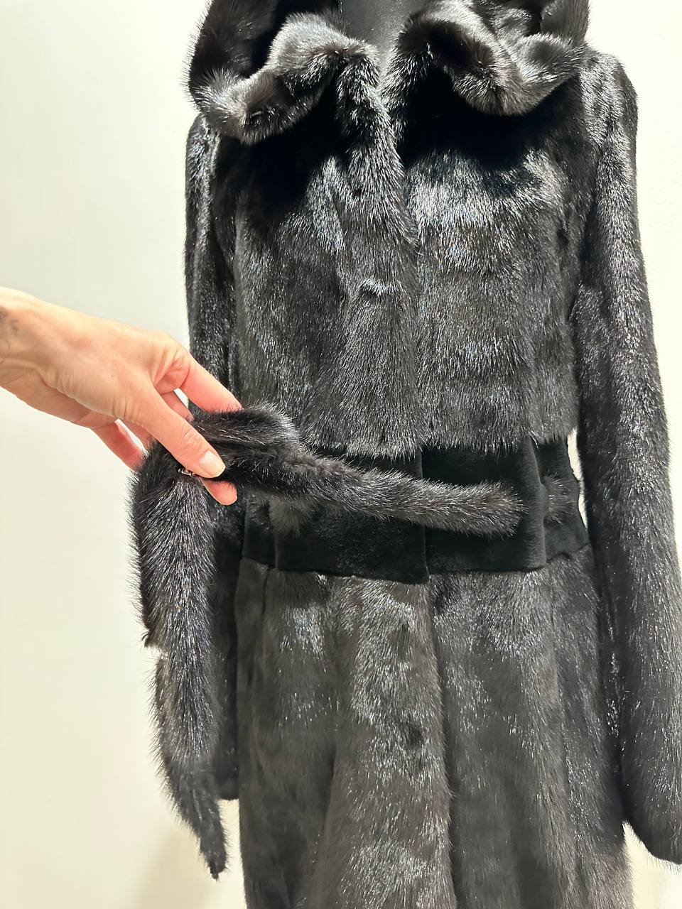 NEW REAL MINK FUR coat size S BELTED HOODED 1201123 long sleeve jacket BLACK