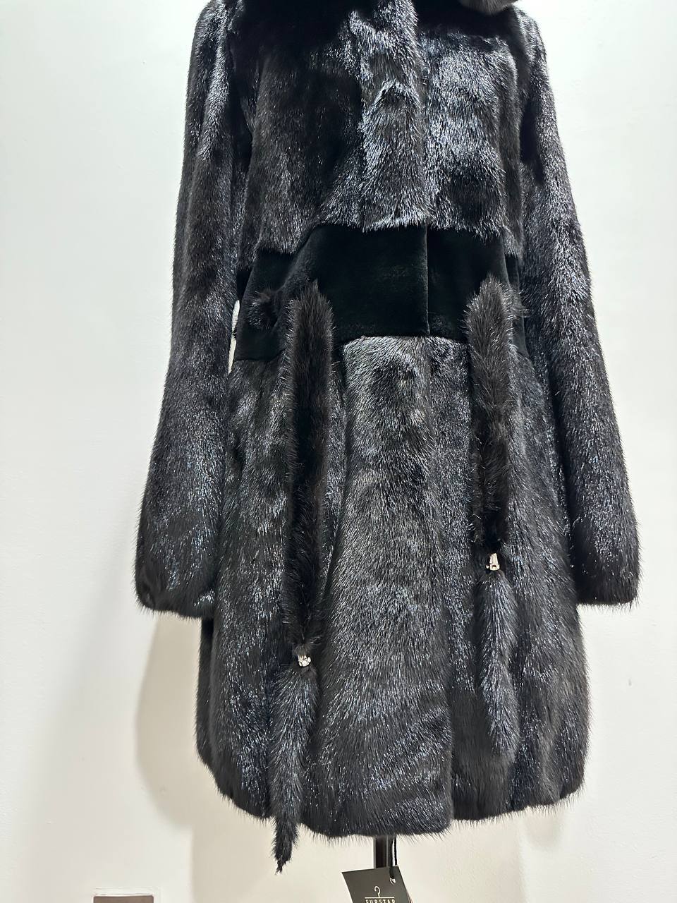NEW REAL MINK FUR coat size S BELTED HOODED 1201123 long sleeve jacket BLACK