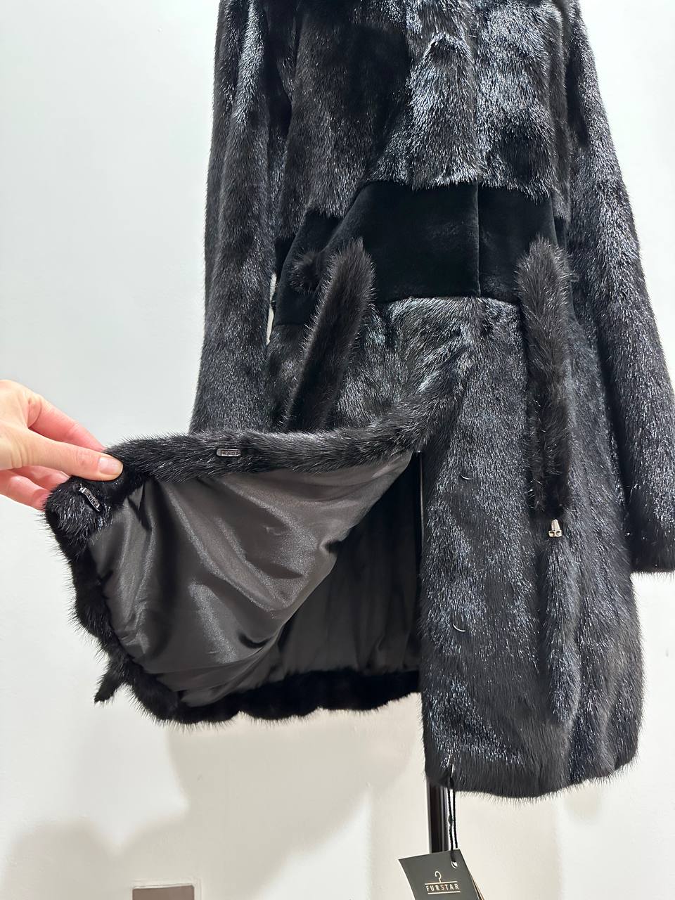 NEW REAL MINK FUR coat size S BELTED HOODED 1201123 long sleeve jacket BLACK