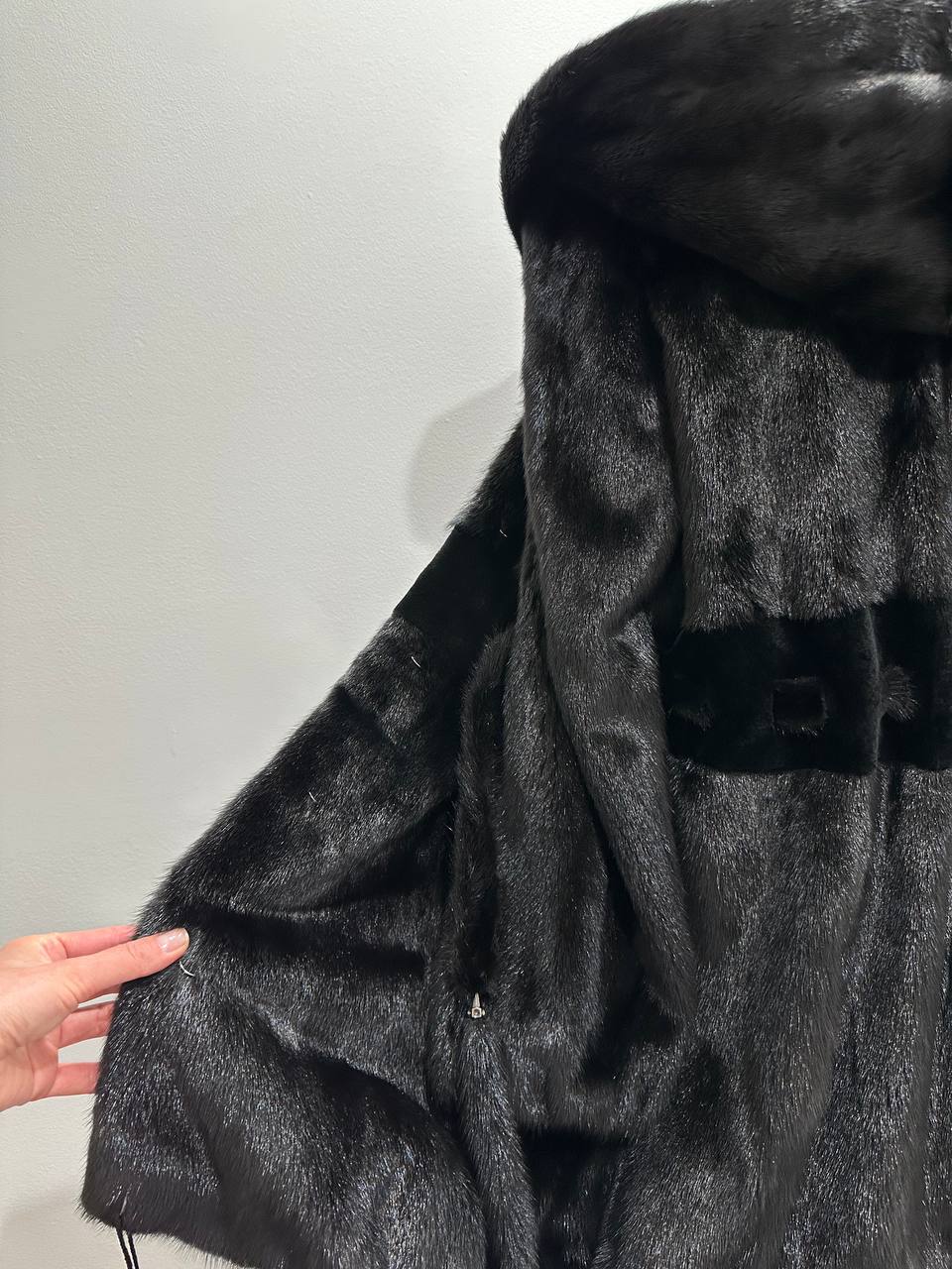 NEW REAL MINK FUR coat size S BELTED HOODED 1201123 long sleeve jacket BLACK