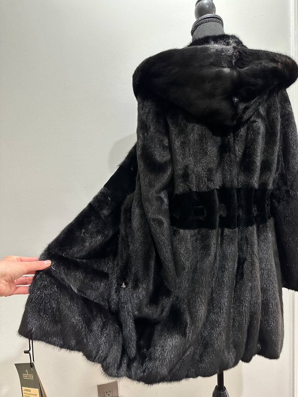 NEW REAL MINK FUR coat size S BELTED HOODED 1201123 long sleeve jacket BLACK
