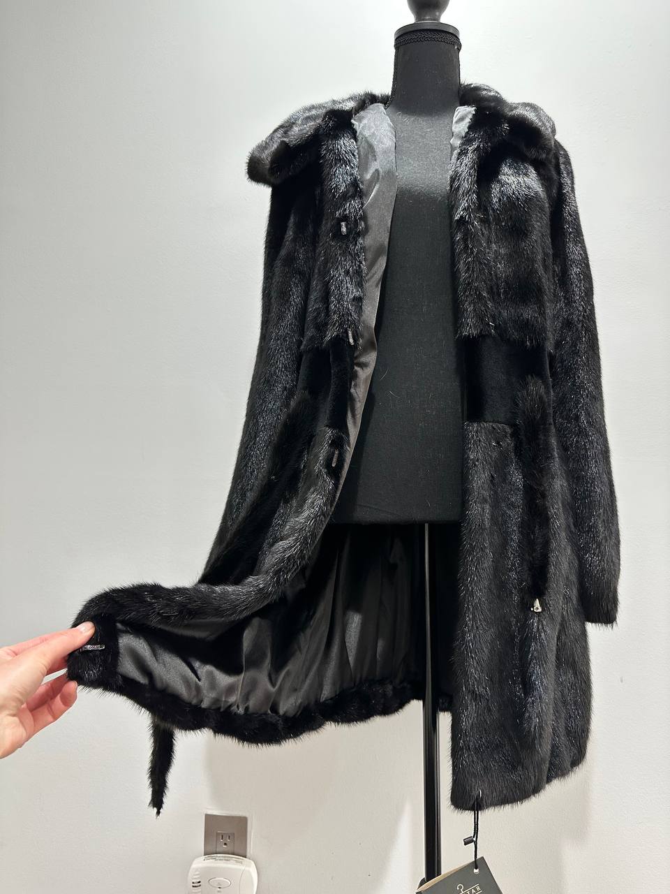 NEW REAL MINK FUR coat size S BELTED HOODED 1201123 long sleeve jacket BLACK