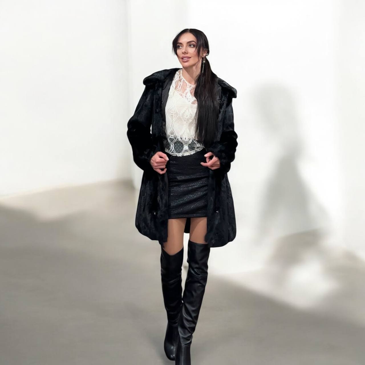 NEW REAL MINK FUR coat size S BELTED HOODED 1201123 long sleeve jacket BLACK
