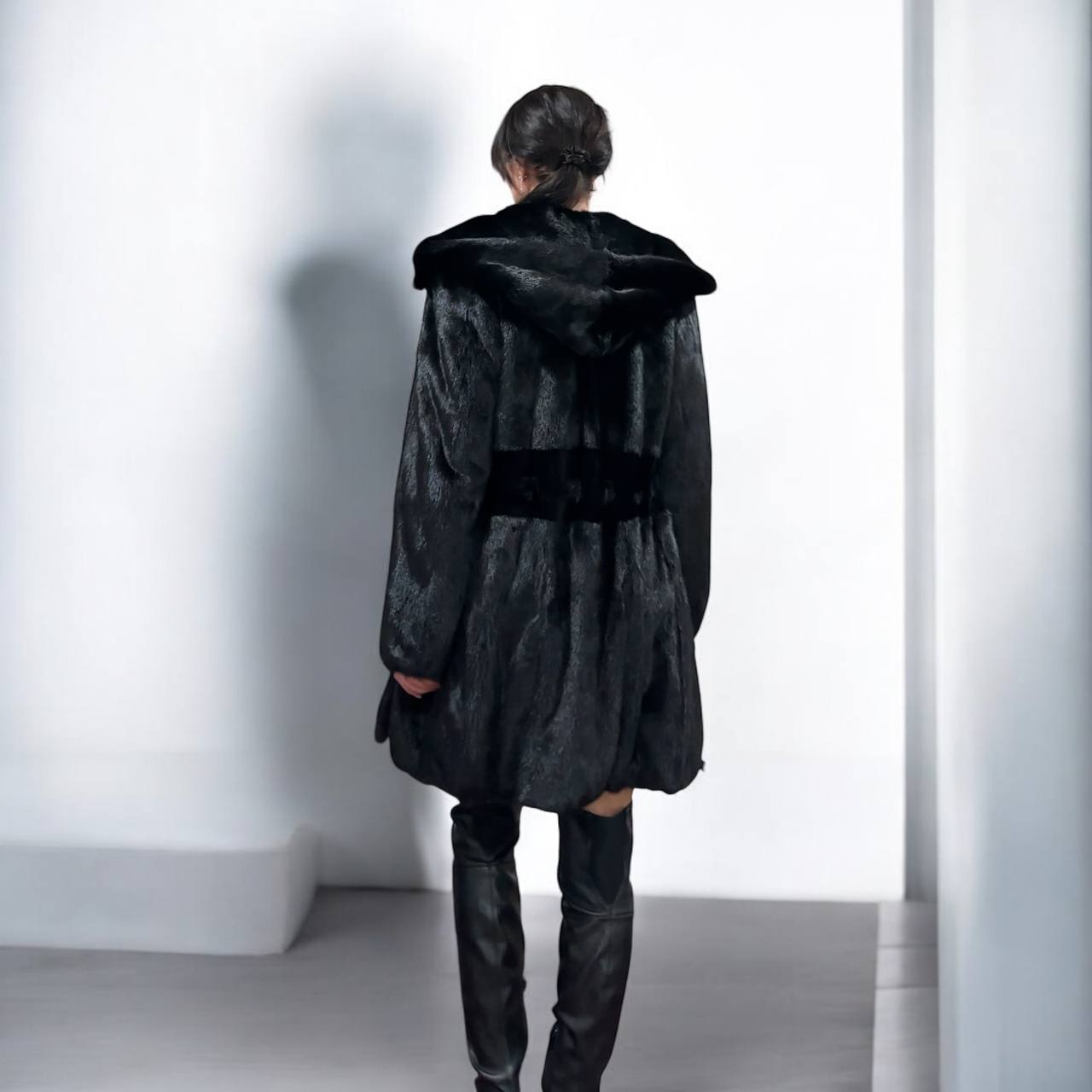 NEW REAL MINK FUR coat size S BELTED HOODED 1201123 long sleeve jacket BLACK