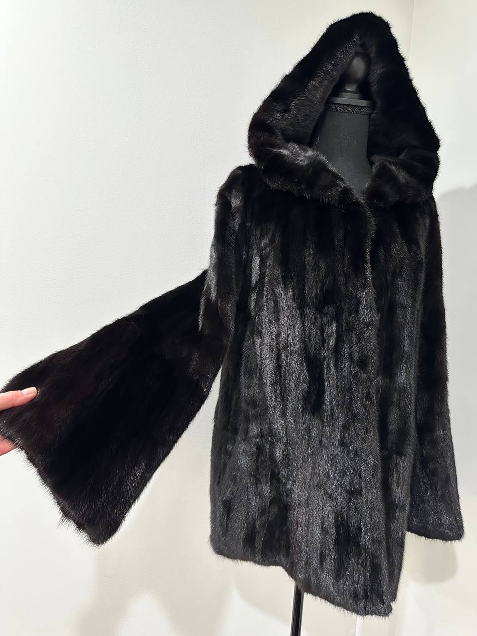 Luxury Womens Real MINK FUR 1201126 size M BLACK Coat Hooded Jacket
